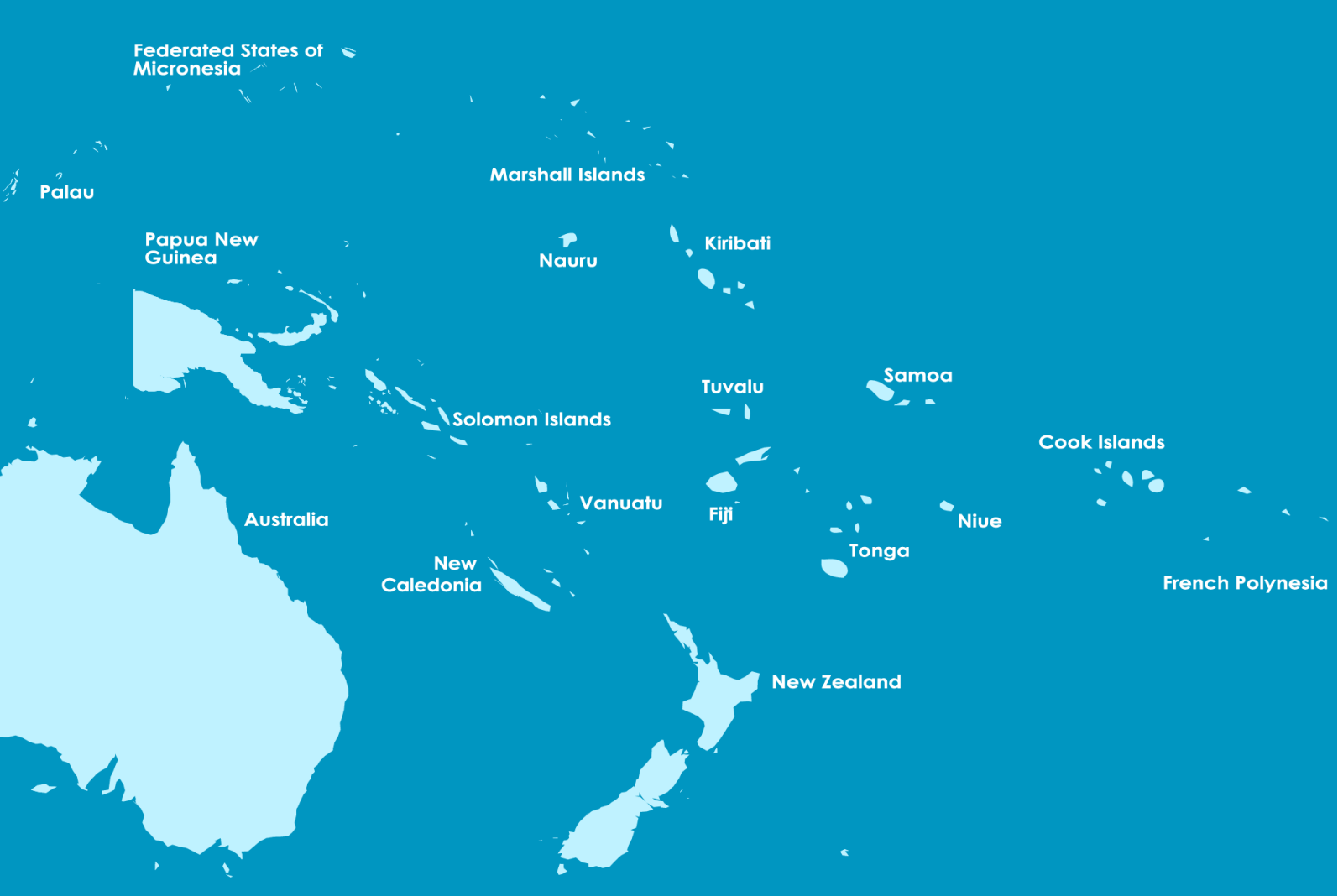 Map of South Pacific Countries showing Australia, New Zealand, and Pacific Island nations